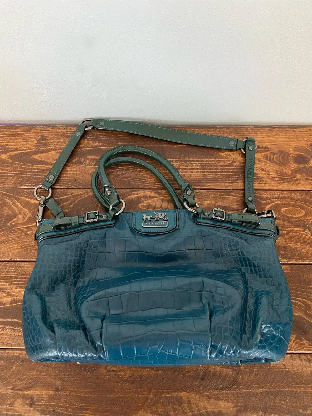 Coach Teal Croc-Embossed Leather Shoulder Bag with Dark Green Trim